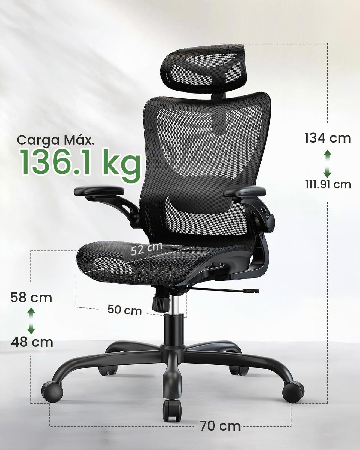 Silla de Oficina Ergonómica Marsail: Silla de Computadora con Malla de Respaldo Alto, Soporte Lumbar Ajustable, Reposabrazos y Ruedas 3D
