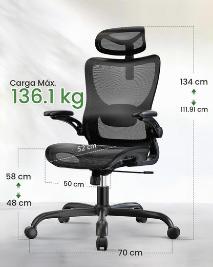 Silla de Oficina Ergonómica Marsail: Silla de Computadora con Malla de Respaldo Alto, Soporte Lumbar Ajustable, Reposabrazos y Ruedas 3D