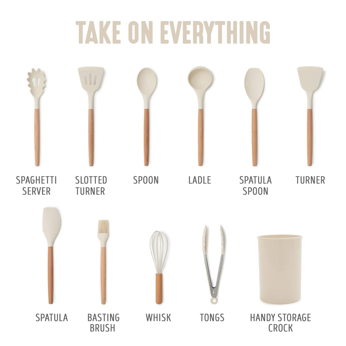 GreenLife - Juego de 11 utensilios de silicona para cocina, herramientas antiadherentes, seguro hasta 444 °F, cucharón, volteador, ranurado, espátula, cuchara, servidor de espaguetis, cepillo para
