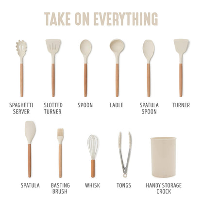 GreenLife - Juego de 11 utensilios de silicona para cocina, herramientas antiadherentes, seguro hasta 444 °F, cucharón, volteador, ranurado, espátula, cuchara, servidor de espaguetis, cepillo para