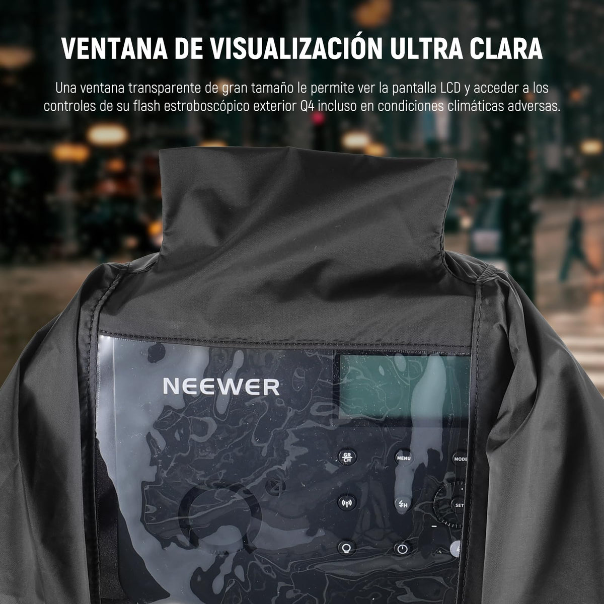 NEEWER Cubierta de Lluvia para Flash Strobe Exterior Q4, Impermeable Lente Cámara Nylon con Ventana Visual, Mangas, Cierres Táctiles, Cordones, Solo Compatible con NEEWER Q4 Luz Estroboscópica, CQP1