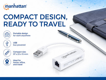 Manhattan Adaptador USB a Ethernet RJ45 10/100 Mbps, Cable Red USB, Instalación Automática, Compatible con Laptop y PC, Bajo Consumo 506731