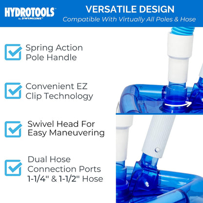 SWIMLINE HYDROTOOLS - Accesorio manual de cabezal de aspiradora para piscinas enterradas y sobre el piso, cabeza de vaca, forma triangular transparente con cerdas, manguera giratoria de 1-1/4 o 1-1/2