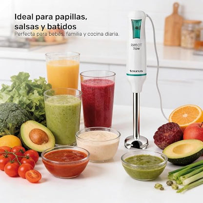 TAURUS ROBOT 750 INOX | Batidora de Inmersión 750 W | Caña de Acero Inoxidable Desmontable | Turbo Rotation System | Control de Pulso | Ideal para Papillas, Salsas y Batidos Familiares