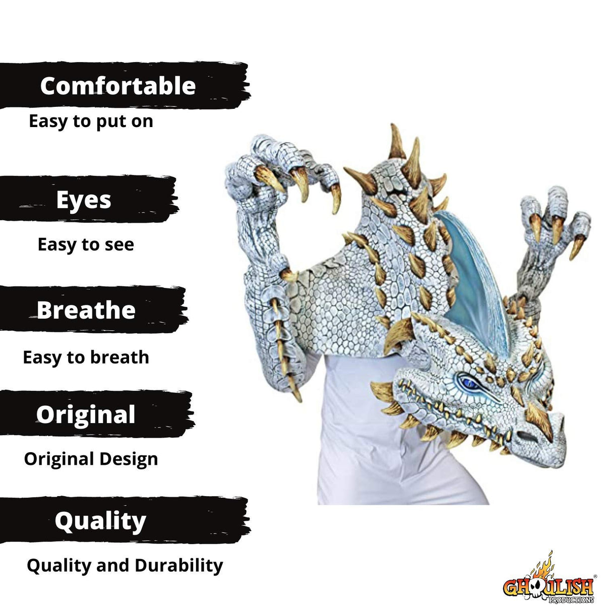Máscara Artesanal Mega Máscara Disfraz de Cinder el Dragón Blanco de Latex de Nightmare's Collection por Mario Chiodo
