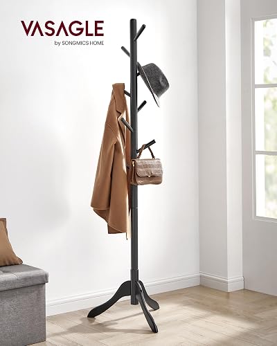 VASAGLE URCR001B01 - Perchero de madera maciza con 8 ganchos,3 opciones de altura,para ropa,sombreros,bolsos,sala de estar,recámara,oficina en casa,oficina,color negro tinta.