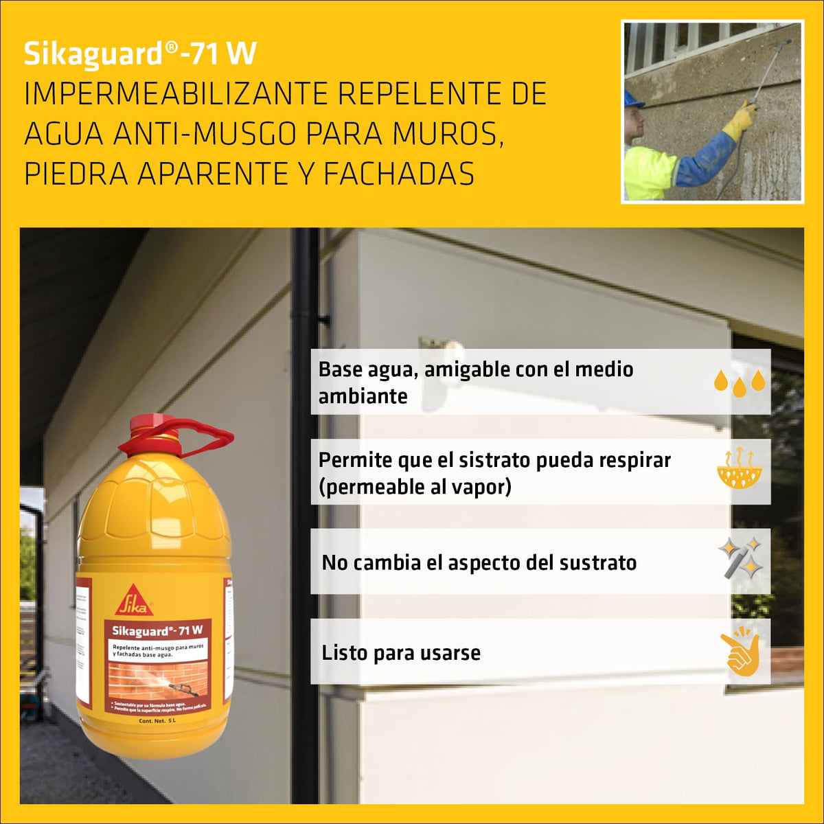Sika - Repelente de Agua - Sikaguard 71W - Tratamiento Antimusgo para Fachadas - Líquido - Listo para Usar - Transparente - Bote 5 L