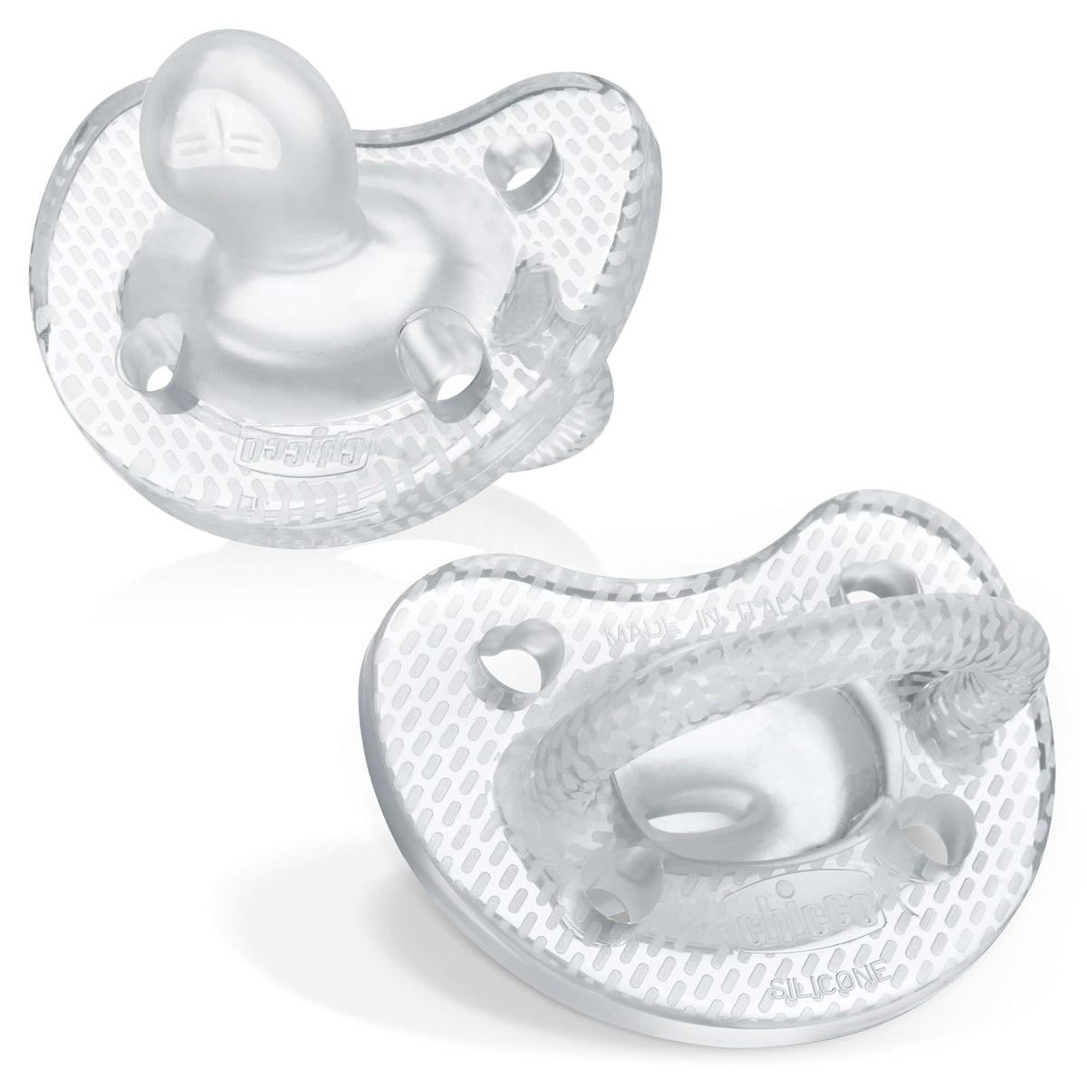 Chicco PhysioForma® - Chupón de silicona de lujo de una pieza para bebés de 6 a 16 m | Escudo texturizado de moda, sin BPA y látex, estuche esterilizante reutilizable, vidrio, 2 unidades
