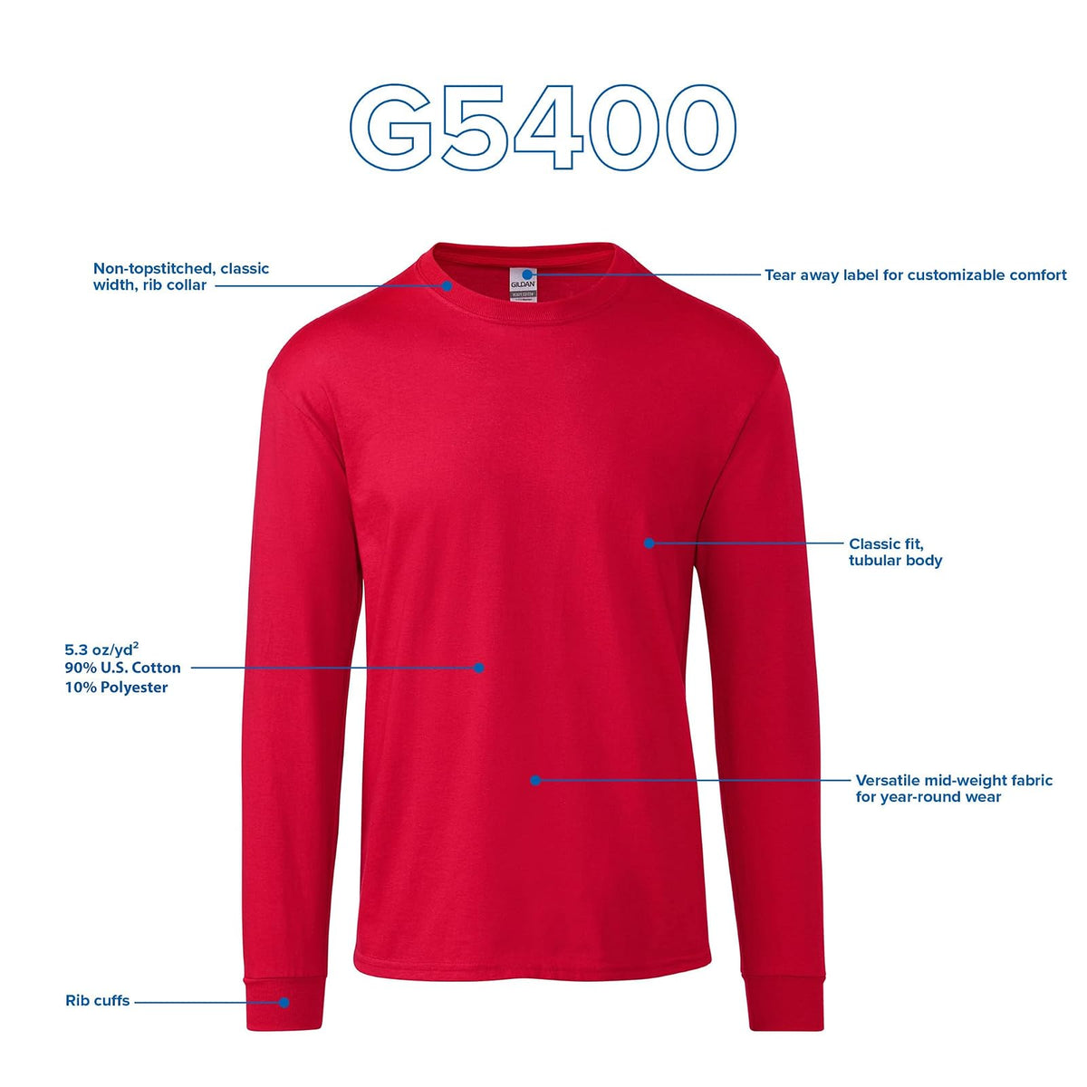 Gildan - playera de manga larga de algodón pesado para adultos, estilo G5400, paquete de 2