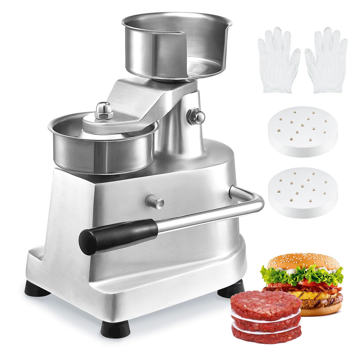 VEVOR Máquina de Hamburguesas Comercial Máquina de Prensa de Hamburguesas 100 mm Prensa de Hamburguesas de Acero Inoxidable para Formar Carne 1000 PCS de Papel para Hamburguesas Prensa de Hamburguesas