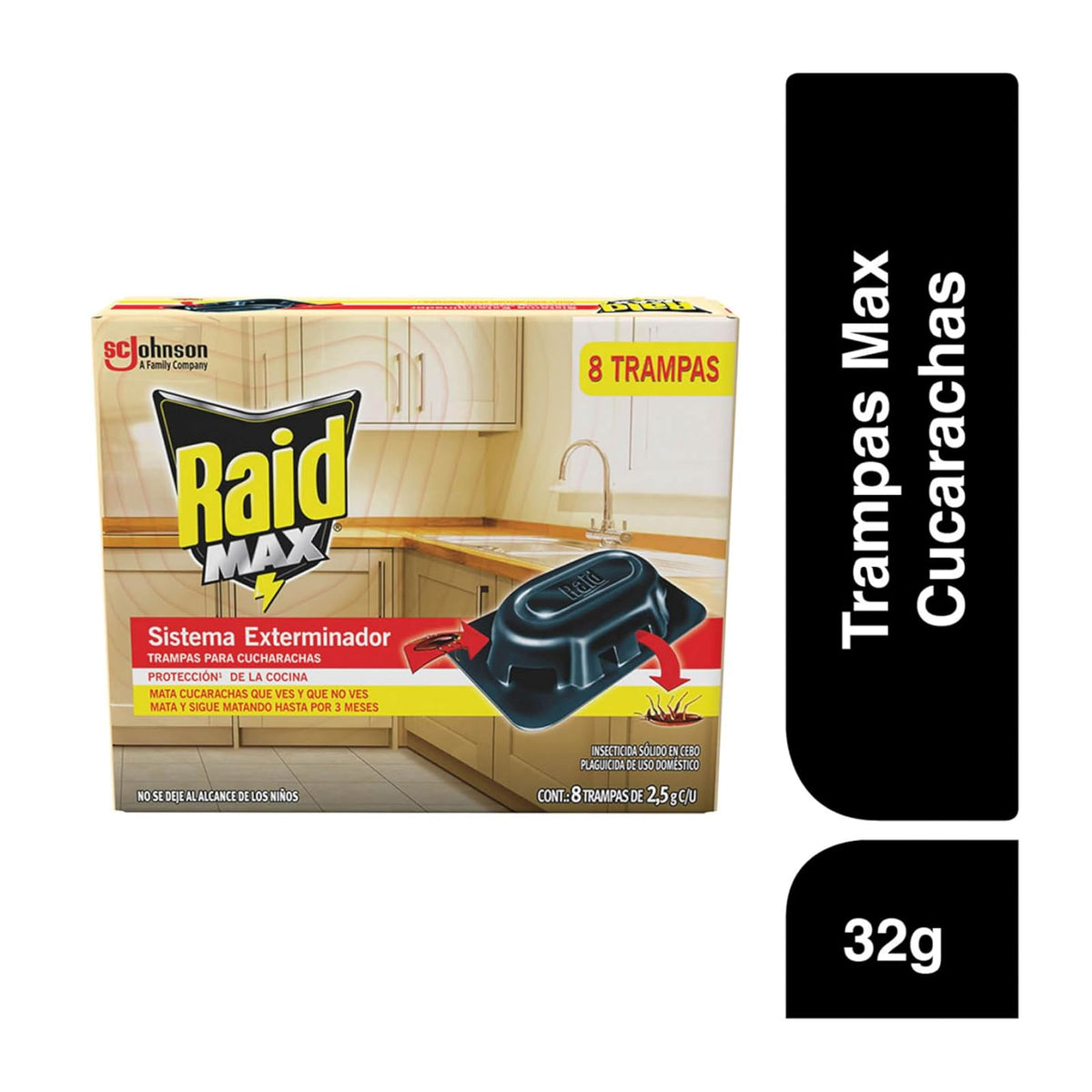 Raid MAX Trampas Insecticida Mata Cucarachas Sistema Exterminador, 8 Piezas