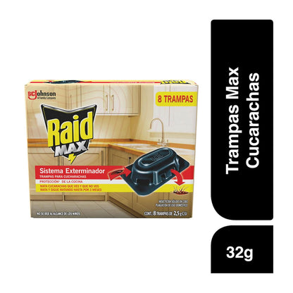 Raid MAX Trampas Insecticida Mata Cucarachas Sistema Exterminador, 8 Piezas