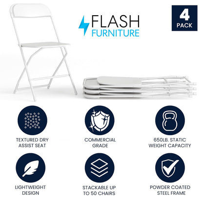 Flash Furniture Hercules Series - Silla Plegable de plástico - Blanco - Paquete de 4 600 Libras Capacidad de Peso, cómoda Silla Plegable Ligera