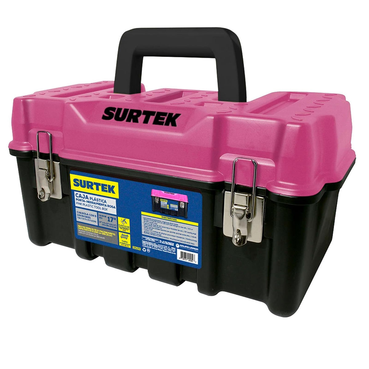 Surtek Caja Portaherramientas Plástica con Broches Metálicos - 17" x 9" x 8" - Tapa rosa