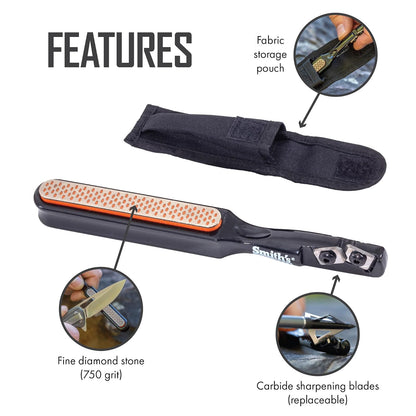 Smith's 50047 Edgesport - Afilador de cuchillo y punta ancha - Afilador portátil - Afilador de herramientas de caza y tiro con arco - Bolsa de transporte - Carburo y piedra de diamante - Afilador de