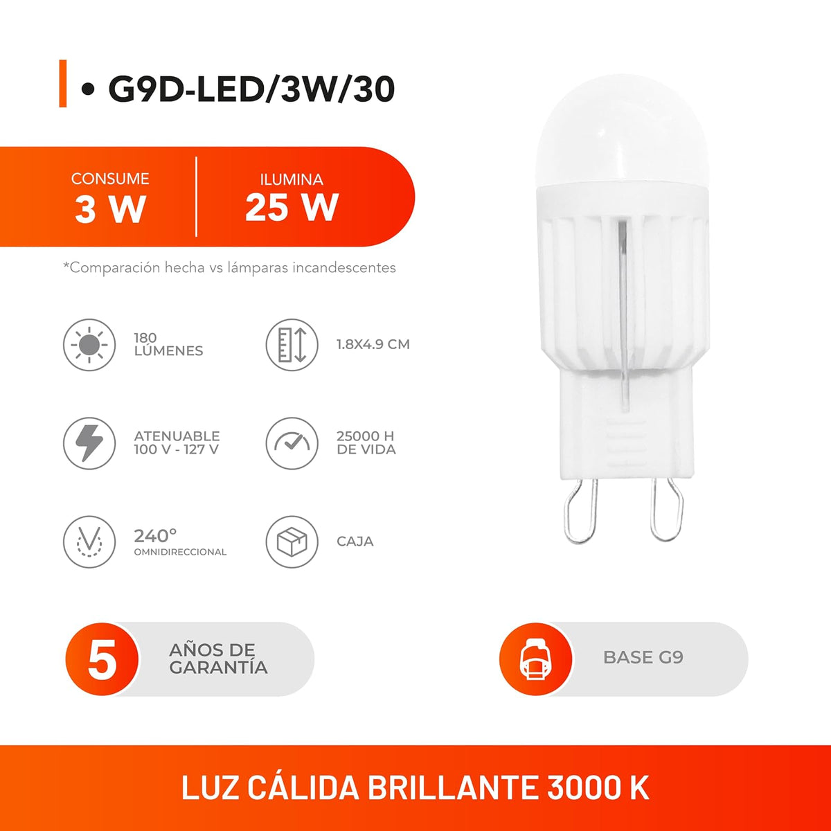 Tecnolite - Foco JCD LED Ampolleta 3 W, Luz Suave Cálida, Base G9, Atenuable