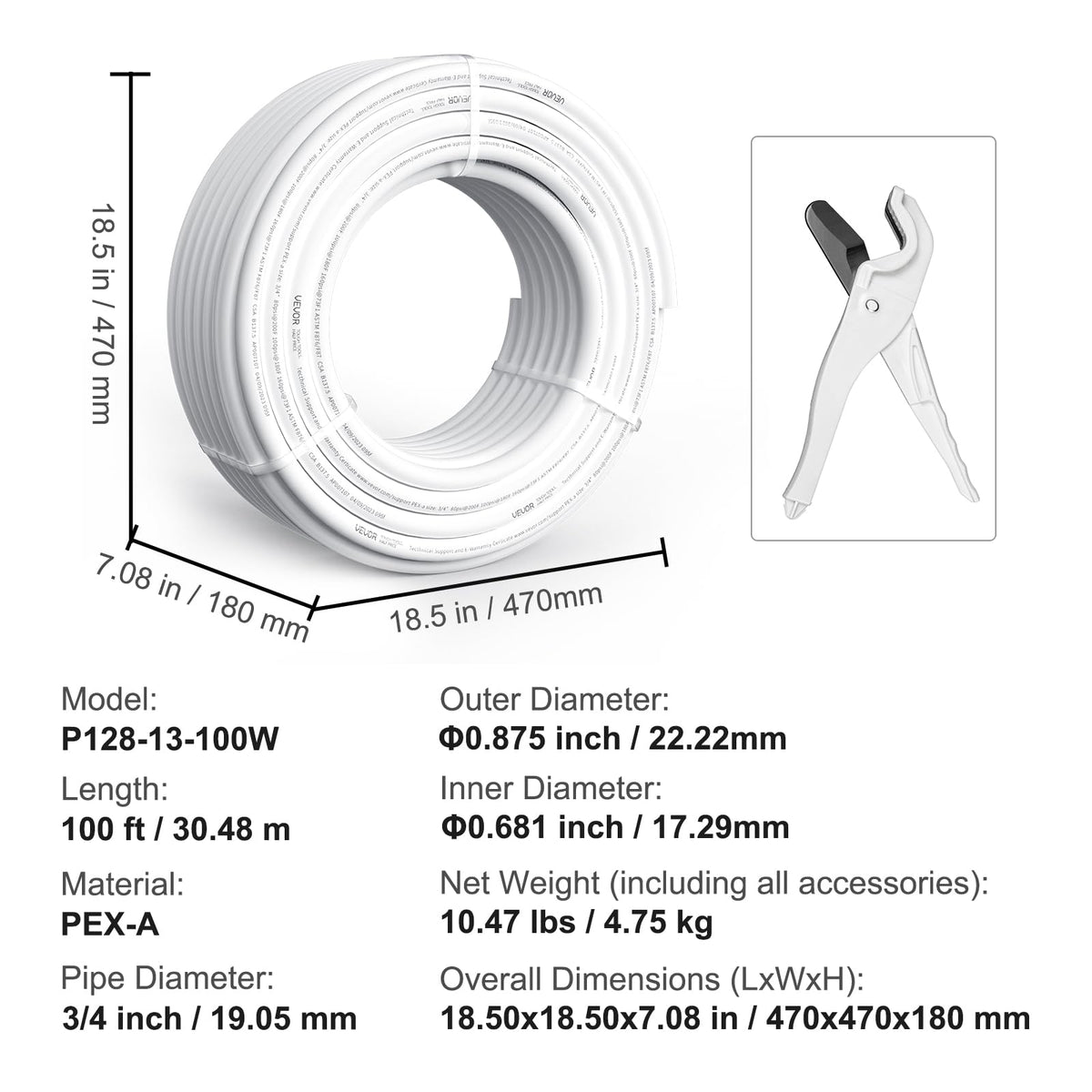 VEVOR PEX Pipe 3/4 pulgadas, 100 pies sin oxígeno PEX-A tubo flexible para agua potable, para agua fría/caliente y restauración fácil, aplicaciones de plomería con cortador última intervensión, blanco