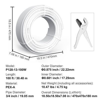 VEVOR PEX Pipe 3/4 pulgadas, 100 pies sin oxígeno PEX-A tubo flexible para agua potable, para agua fría/caliente y restauración fácil, aplicaciones de plomería con cortador última intervensión, blanco