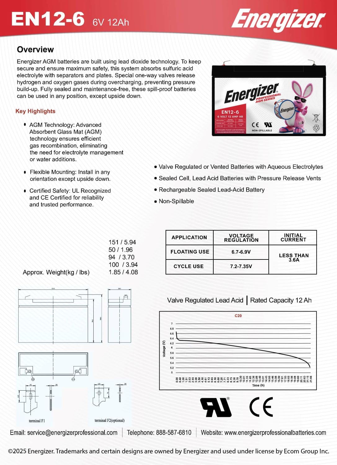 Energizer EN12-6, 6 Volt 12 Amp HR, Long Lasting Sealed Lead Acid AGM Rechargeable Battery Ideal For Use In Garage Door, Alarm Panels, Emergency Lighting, Kids Ride On, Backup, and More