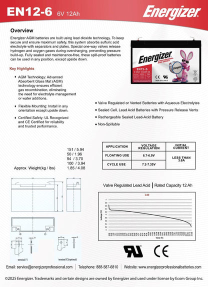 Energizer EN12-6, 6 Volt 12 Amp HR, Long Lasting Sealed Lead Acid AGM Rechargeable Battery Ideal For Use In Garage Door, Alarm Panels, Emergency Lighting, Kids Ride On, Backup, and More