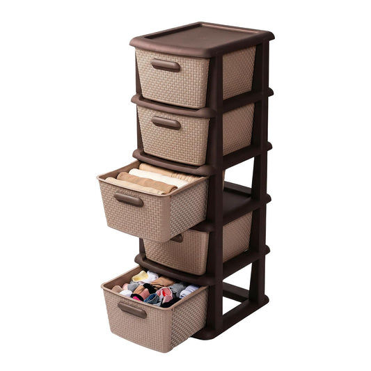 Guateplast Cajonera Organizadora 5 Gavetas Ratán Beige | Grande, textura ratán, plástico resistente, multiuso, 36×45×104 cm