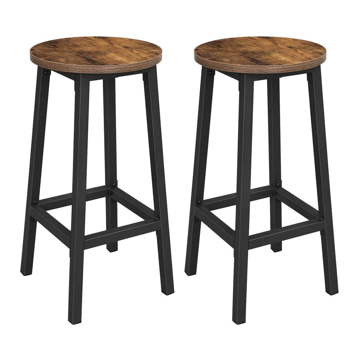 VASAGLE Taburete de Bar, Juego de 2, con Estructura de Metal | Sillas de Cocina con Reposapiés, Fácil Montaje, para Salón, Comedor, Marrón Rústico y Negro, Colección BARNET MLBC32X