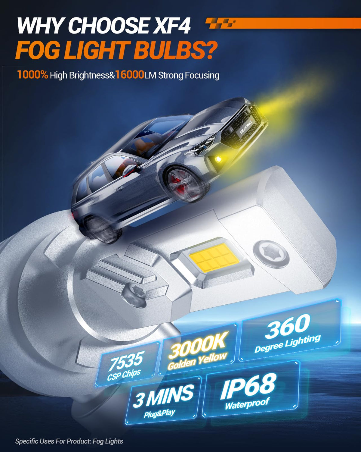 SEALIGHT Foco LED Antiniebla H11 H8 H16 | Amarillo Ámbar, 18000 lm, 3500K, 10000% Más Brillante, Paquete de 2, Plug & Play