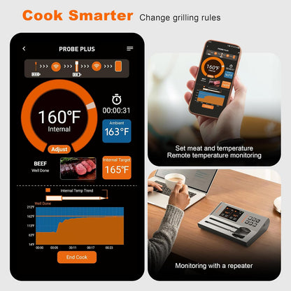 NIGOGOR - Termómetro de carne de doble sonda, base magnética digital inteligente, termómetro inalámbrico Bluetooth, seguimiento remoto y lecturas en tiempo real, iOS y Android, para parrilla, barbacoa