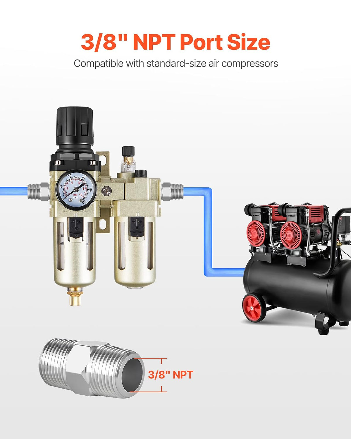 VEVOR Lubricador regulador de filtro para compresor de aire (FRL), separador de agua para compresor de aire de 3/8" NPT, sistema de secado de aire con drenaje semiautomático con elemento filtrante