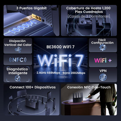Tenda Router RE3L Pro WiFi 7 BE3600 de Doble Banda – hasta 3.6 Gbps, MLO, 5 Antenas de Alta Ganancia, 3 Puertos Gigabit, VPN, Control Parental, Configuración Fácil por App y NFC