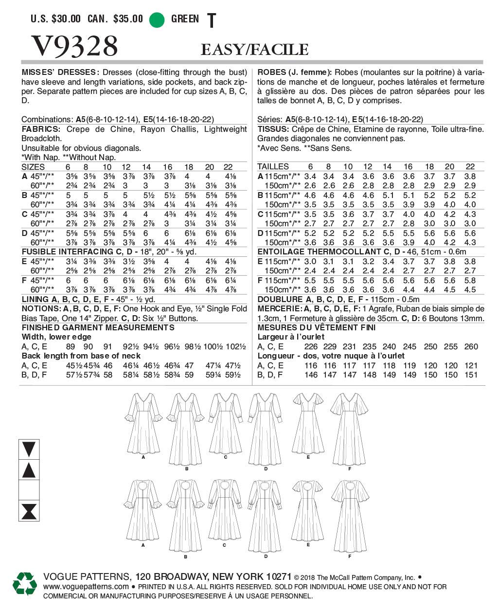 McCall's Vogue V9328E5 Easy - Vestido de Manga Acampanada para Mujer, Tallas 14-22, Color Blanco