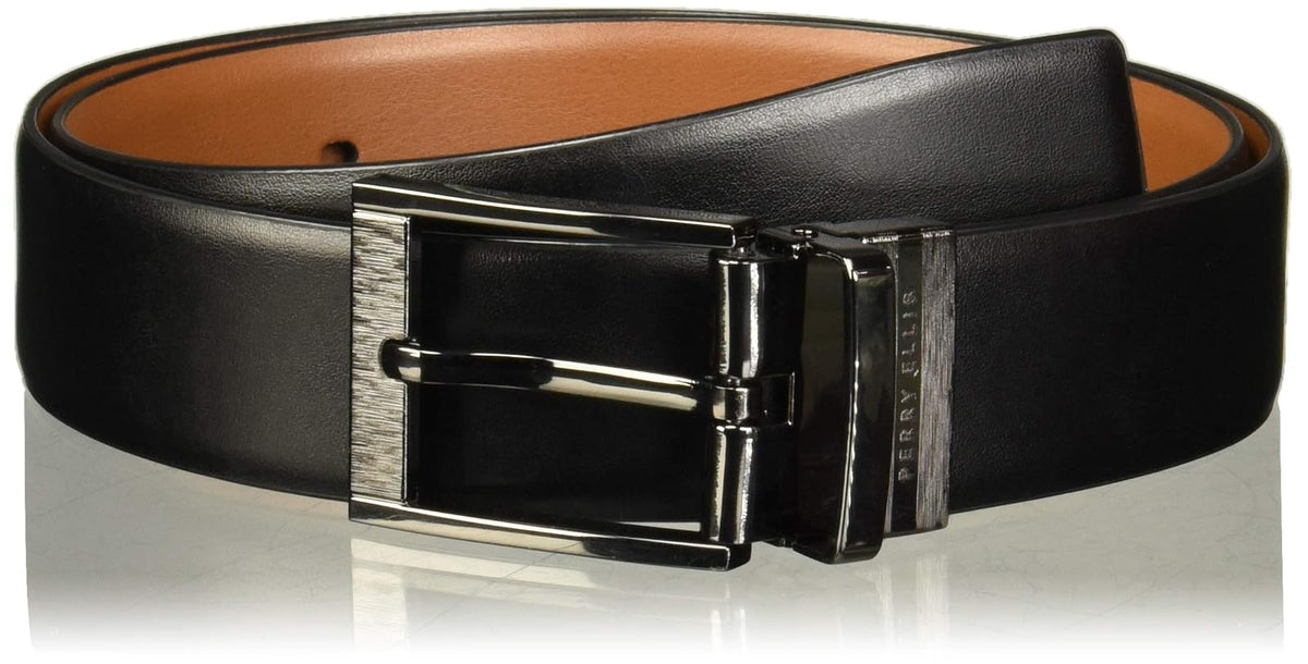 Perry Ellis Cinturón de tacto suave con hebilla grabada con borde de plumas Cinturón Hombre