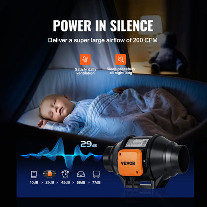 VEVOR Ventilador de conducto en línea, 4 pulgadas, 200 CFM con driver de velocidad variable, ventilador de escape silencioso de ventilación de motor CA para refuerzo de enfriamiento, tiendas de campaña de cultivo, hidropónico