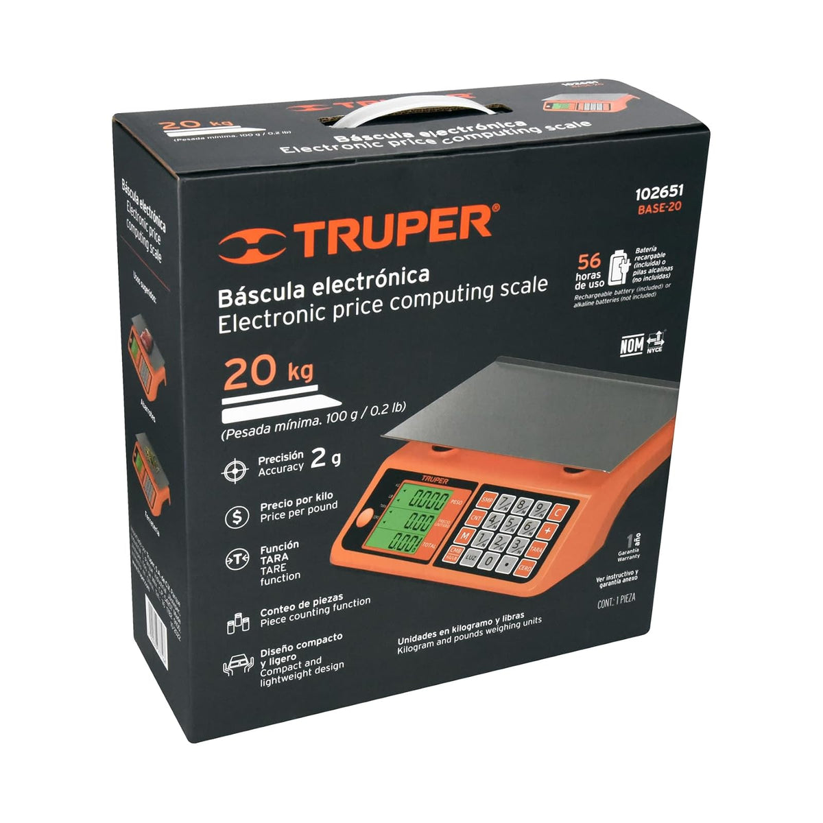 Truper BASE-20, Báscula electrónica multifunciones capacidad 20kg batería recargable