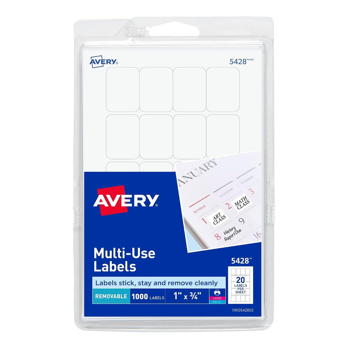 Avery Etiquetas autoadhesivas removibles, 1000 por paquete., Blanco, 0.75" x 1"