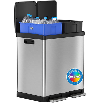 iTouchless Bote de Basura Doble Paso Cocina 16 Galones Acero Inoxidable | cubeta de reciclaje de basura de acero inoxidable con tapa de cierre suave | Desodorantes AbsorbX | 2 cubos interiores - Plata mate, tapa de acero, 16 galones