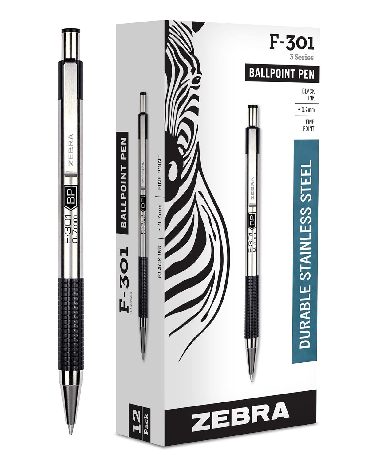 Zebra F-301 Bolígrafo retráctil de acero inoxidable, 7 mm, Negro, Paquete de 12