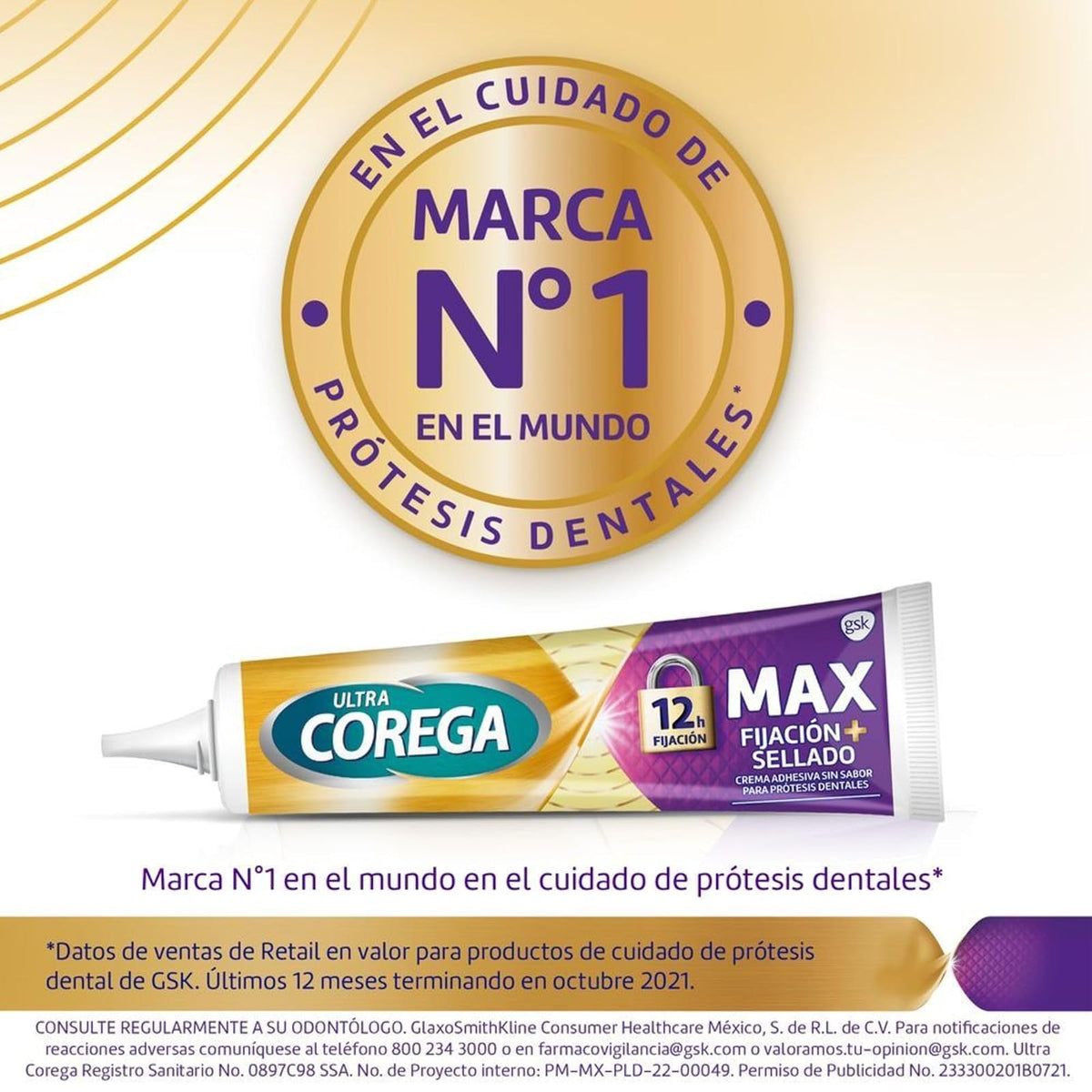 Corega Ultra Max Fijación y Sellado Crema Adhesiva para Prótesis Dentales, Sin Sabor, 70g