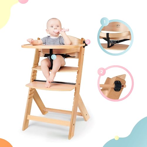 Kinderkraft ENOCK Silla Alta de Madera, Periquera Infantil, Portatil, para niños, Evolutiva silla alta, Ergonómica, Con accesorios, Barrera y Bandeja, Madera natural