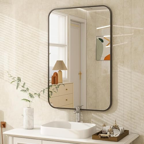 Easly - Espejo de baño de 20 x 28 pulgadas, espejo rectangular redondeado para pared, espejo moderno para decoración de habitaciones, espejos de pared con marco negro para decoración del hogar, cuelga