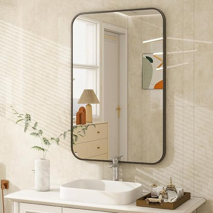 Easly - Espejo de baño de 20 x 28 pulgadas, espejo rectangular redondeado para pared, espejo moderno para decoración de habitaciones, espejos de pared con marco negro para decoración del hogar, cuelga