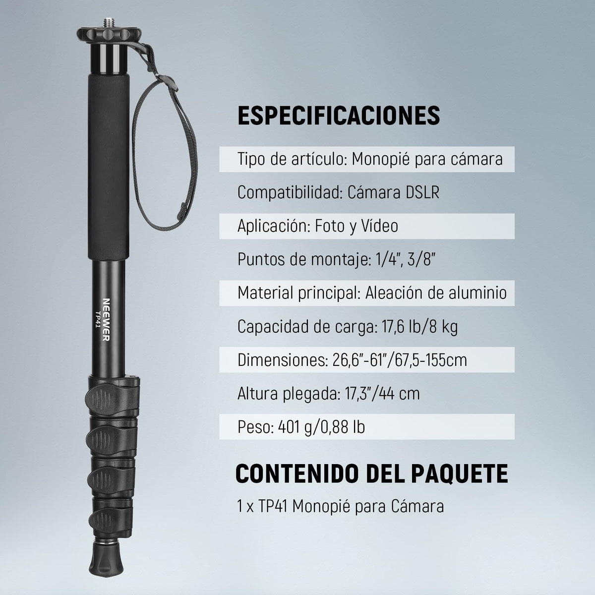 NEEWER 61"/155cm Soporte Monopié para Cámara, Monopié Portátil Viaje Aleación Aluminio con Adaptador de Tornillo 1/4" 3/8" para Videocámara DSLR, Accesorios Cámaras Profesionales, Carga 17.6lb, TP41