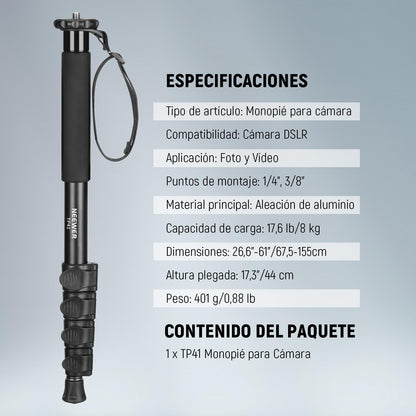 NEEWER 61"/155cm Soporte Monopié para Cámara, Monopié Portátil Viaje Aleación Aluminio con Adaptador de Tornillo 1/4" 3/8" para Videocámara DSLR, Accesorios Cámaras Profesionales, Carga 17.6lb, TP41