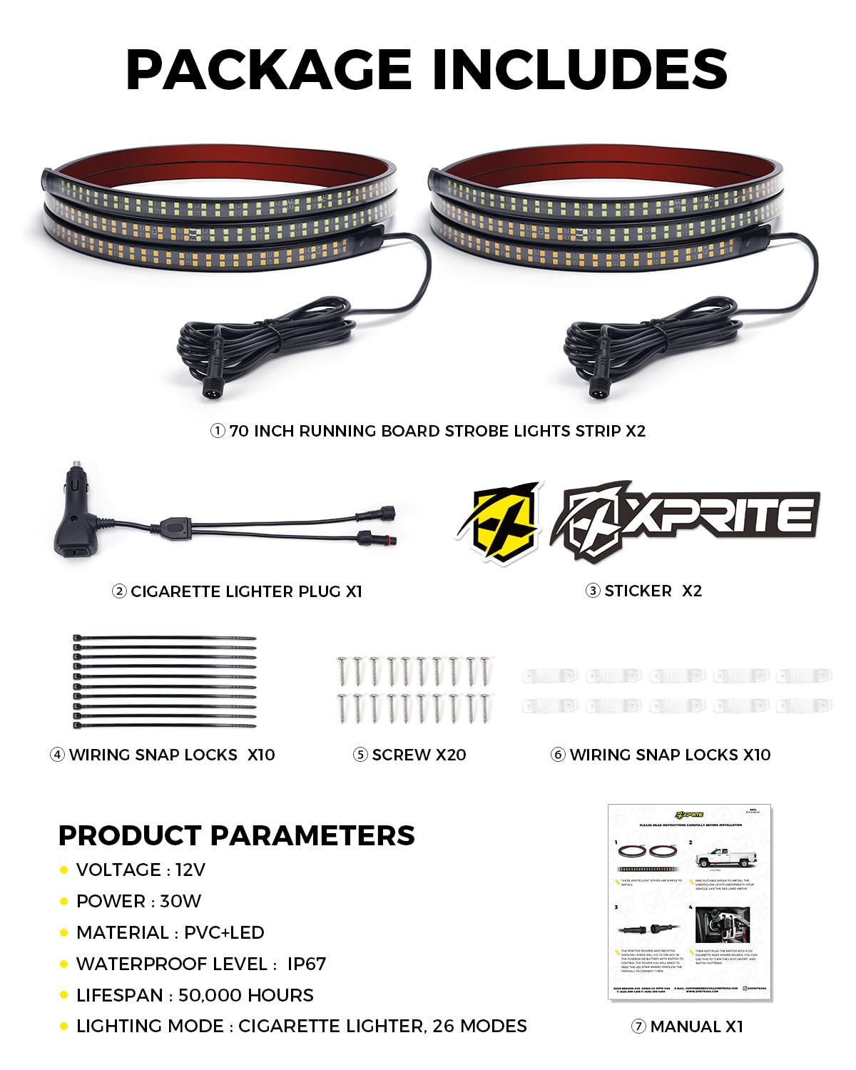 Xprite - 2 luces de estribo de 70 pulgadas, 864 luces LED estroboscópicas de emergencia, tira de luz LED para camión, resistente al agua, luces de emergencia para camiones, camionetas, camionetas, SUV