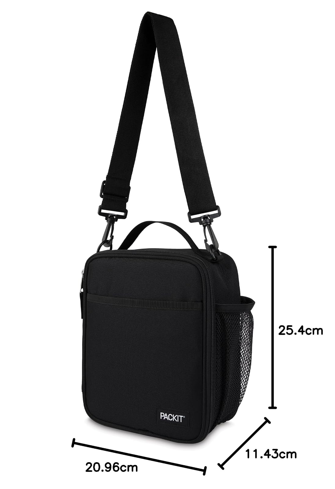 PackIt® - Fiambrera cruzada congelable, negra, construida con tecnología ECOFREEZE®, totalmente congelable, plegable, reutilizable, con asa superior, bolsillo frontal deslizante. Llevar sin esfuerzo