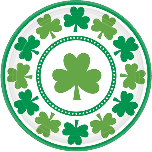Amscan - Platos Redondos para Fiesta, diseño de tréboles de la Suerte del Día de San Patricio irlandés (8 Unidades), Verde/Blanco, 17.78 cm