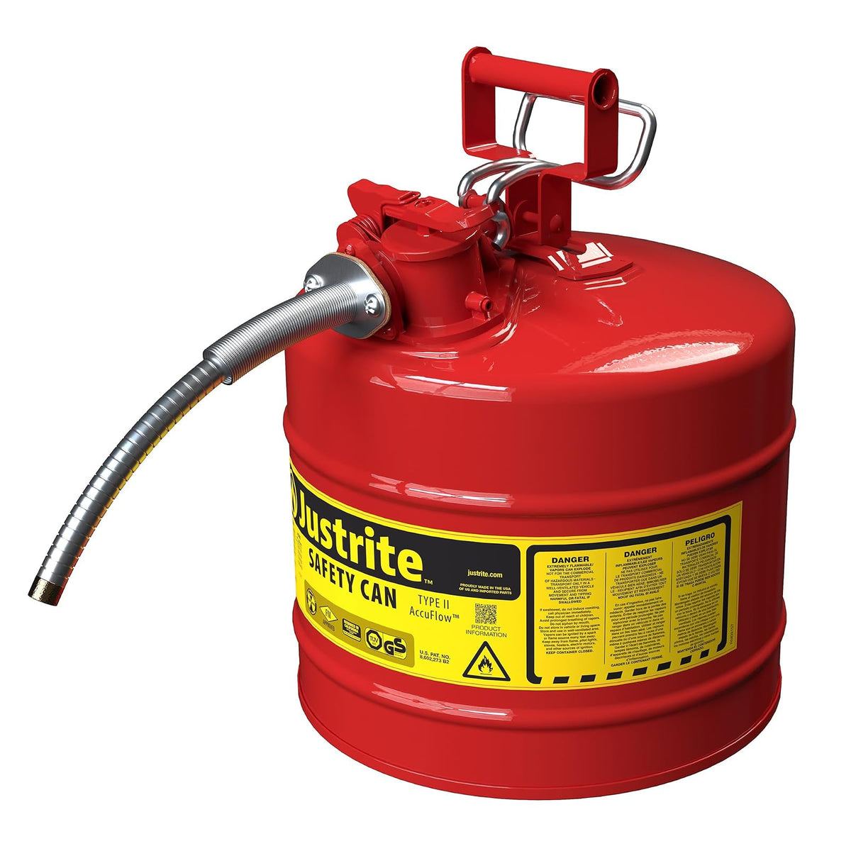 Justrite 7250130 Galvanized Steel, AccuFlow Type II Red Safety Can with 1" Flexible Spout, Large ID zone, Meets OSHA & NFPA For Handling Hazardous liquids. 5 Gallon (19L) Size.