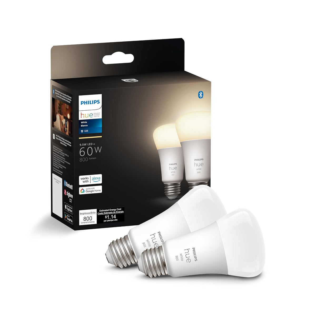 Philips Hue Foco Inteligente A19 White & Color Ambiance 9.5W - Blanco - 2 Unidad (Paquete de 1) - Blanco - foco inteligente