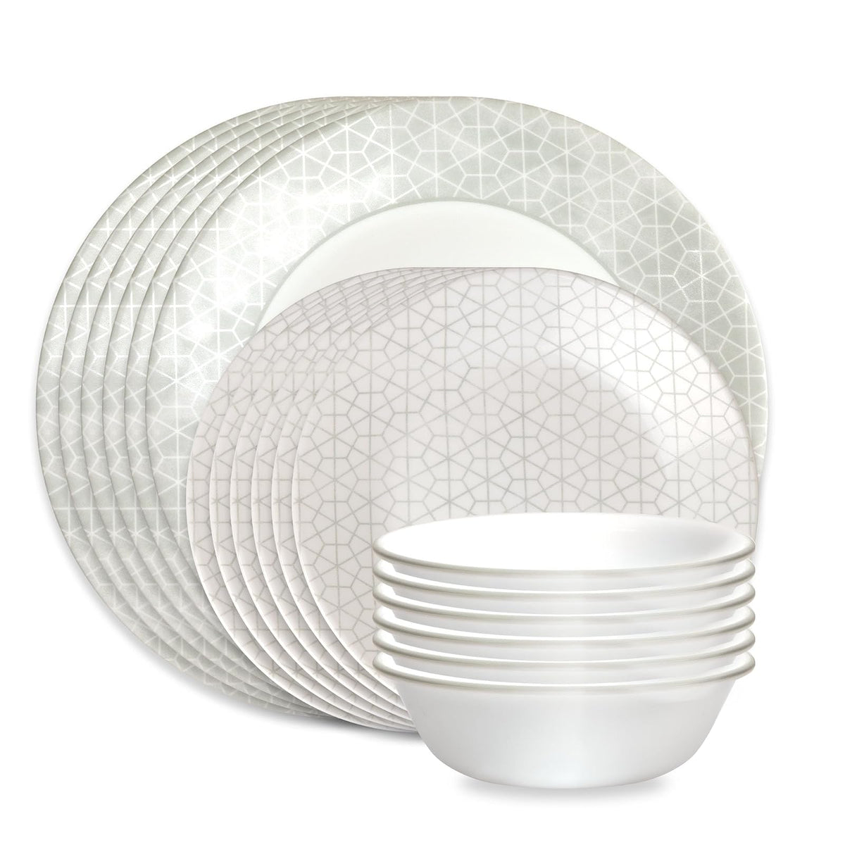 Corelle Vitrelle Vajilla de vidrio de 18 piezas, servicio para 6 personas, juegos de platos y tazones de vidrio de triple capa resistente a astillas y roturas, geométrico gris y blanco (Knox)
