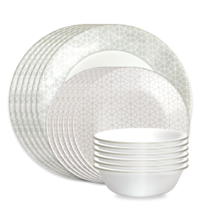 Corelle Vitrelle Vajilla de vidrio de 18 piezas, servicio para 6 personas, juegos de platos y tazones de vidrio de triple capa resistente a astillas y roturas, geométrico gris y blanco (Knox)